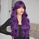 NOSTALGIA Purple Wig with Bangs Long Purple Wavy Wigs for Women 26 Inch Dark Purple Wigs Natural Looking Heat Resistant Synthetic Wig for Daily Party Use