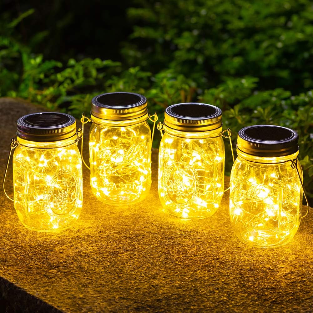 Solar Mason Jar Lights, 4 Pack 30LED Hanging Lanterns with IP65 Waterproof Design for Indoor/Outdoor Garden, Patio, Wedding