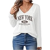 SweatyRocks Women's Graphic Letter Print Long Sleeve T Shirts V Neck Casual Drop Shoulder Tee Tops