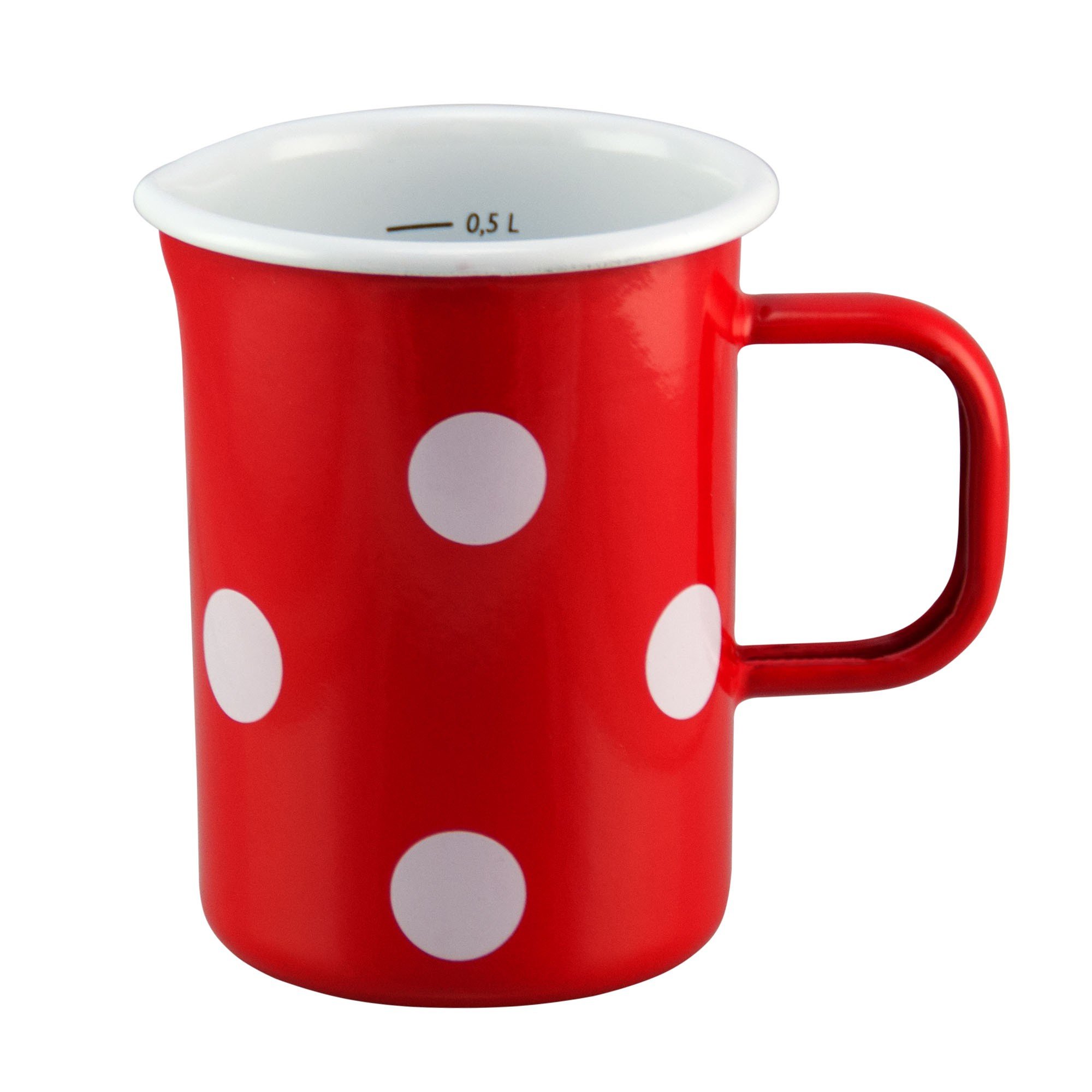 Mouth Enamel Measuring Cup Red with White Dots Diameter 8 x Height 12 cm 500 ml with Inner Scale