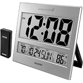 Sharp Atomic Digital Wall Clock, 3" Display, Indoor/Outdoor Temp Sensor | Automatic DST, calendar, weekday, 100-ft wireless range, tabletop stand, battery powered, easy setup, home, office, classroom
