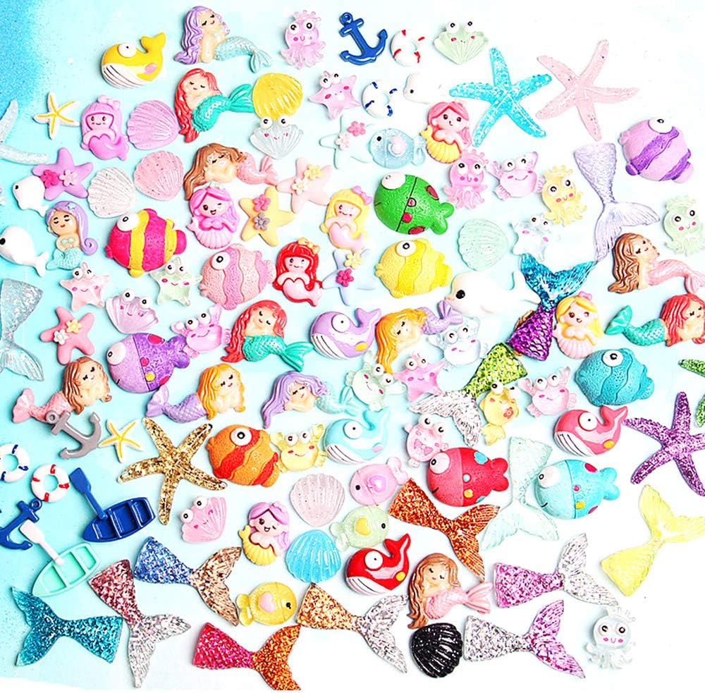 Kwartz 60 Pieces Slime Charms Cute Set with Mixed Mermaid Tail,Unicorn,Starfish and Animals Resin Flatback Slime Beads for Kids and Adults Craft Making,Ornament Scrapbook DIY Crafts