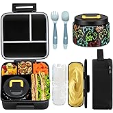 JXXM Bento Lunch Box for Kids With 8oz Soup thermo,Leak-proof Lunch Containers with 5 Compartment,thermo Food Jar and Lunch Bag, Food Containers for School (A-Black(Game Consoley))