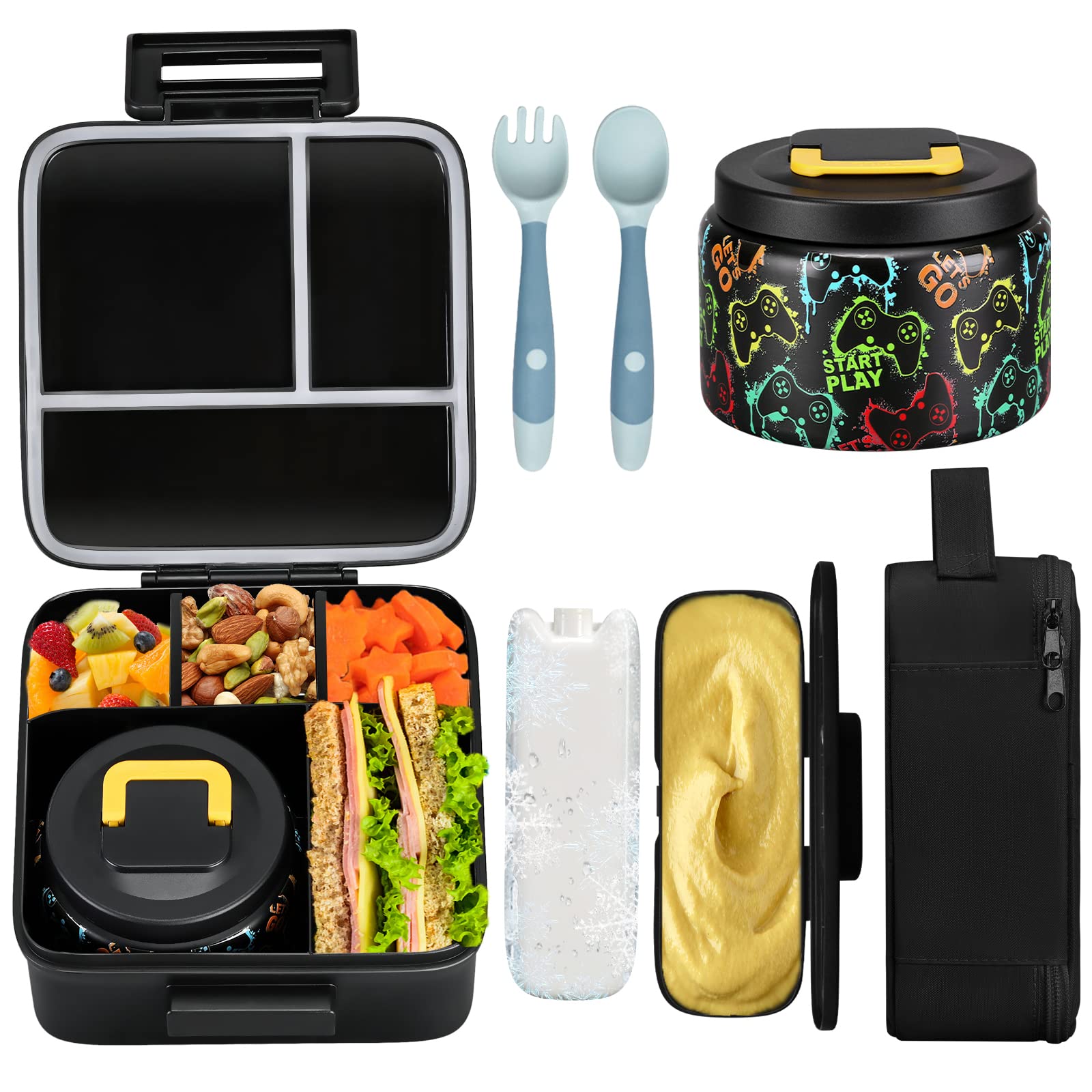 Photo 1 of JXXM Bento Lunch Box for Kids With 8oz Soup thermo,Leak-proof Lunch Containers with 5 Compartment,thermo Food Jar and Lunch Bag, Food Containers for School (A-Black(Game Consoley))