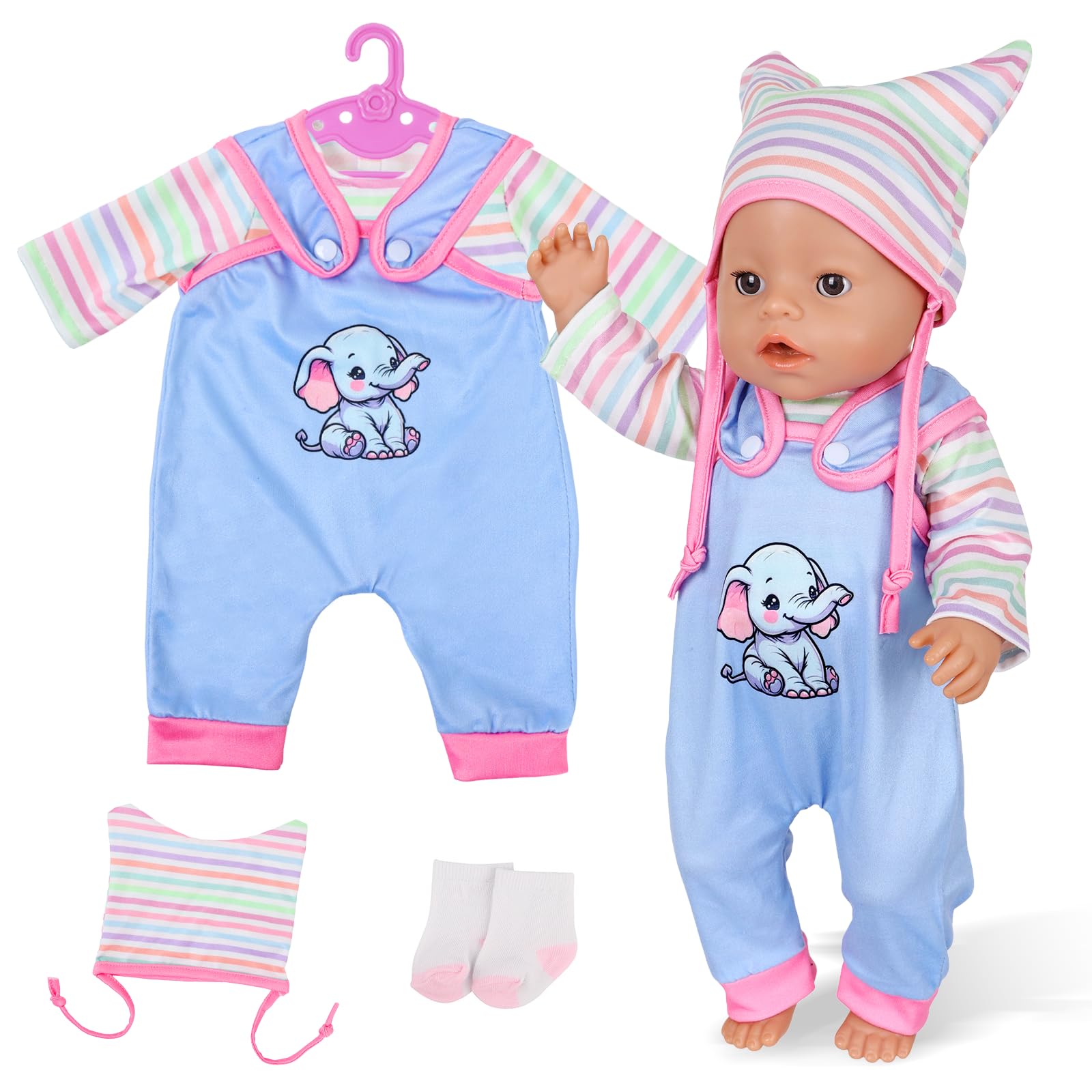 Baby Doll Clothes for 14-18 Inch Baby Doll, Baby New Doll Clothes Outfits 30-45 cm Accessories with 1 Elephant Onesie 1 Top 1 Hat 1 Hanger 1 Pair of Socks New Born Baby Dolls for Girls Birthday Gifts
