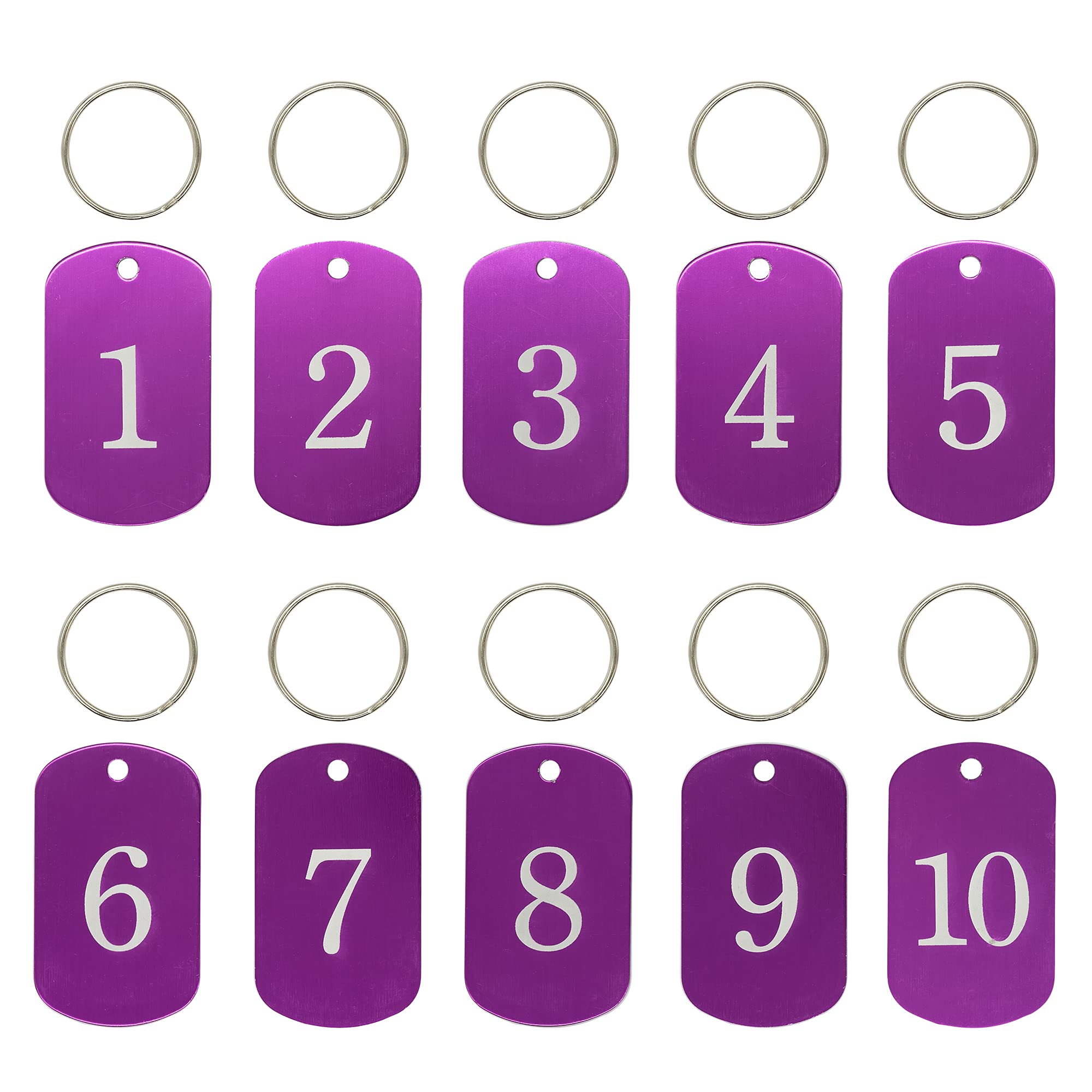 Aluminum Engraved Number Tags Key Tags ID Tags with Key Rings (1-10, Purple)