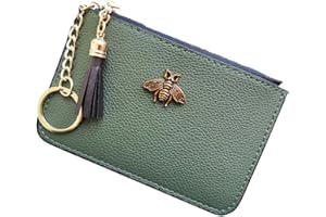 AnnabelZ Women's Coin Purse Change Wallet Pouch Leather Card Holder with Key Chain Tassel Zip (CH Army Green)