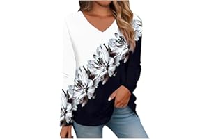 AMXYFBK Tops for Women Long Sleeve V Neck Retro Printed Loose Fit Tunic T Shirts 2024 Summer Fashion Cute Tee Blouse