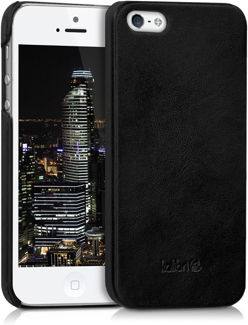 kalibri Case Compatible with Apple iPhone SE (1.Gen 2016) / 5 / 5S - Case Smooth Genuine Leather Hard Case Anti Slip Cover - Black