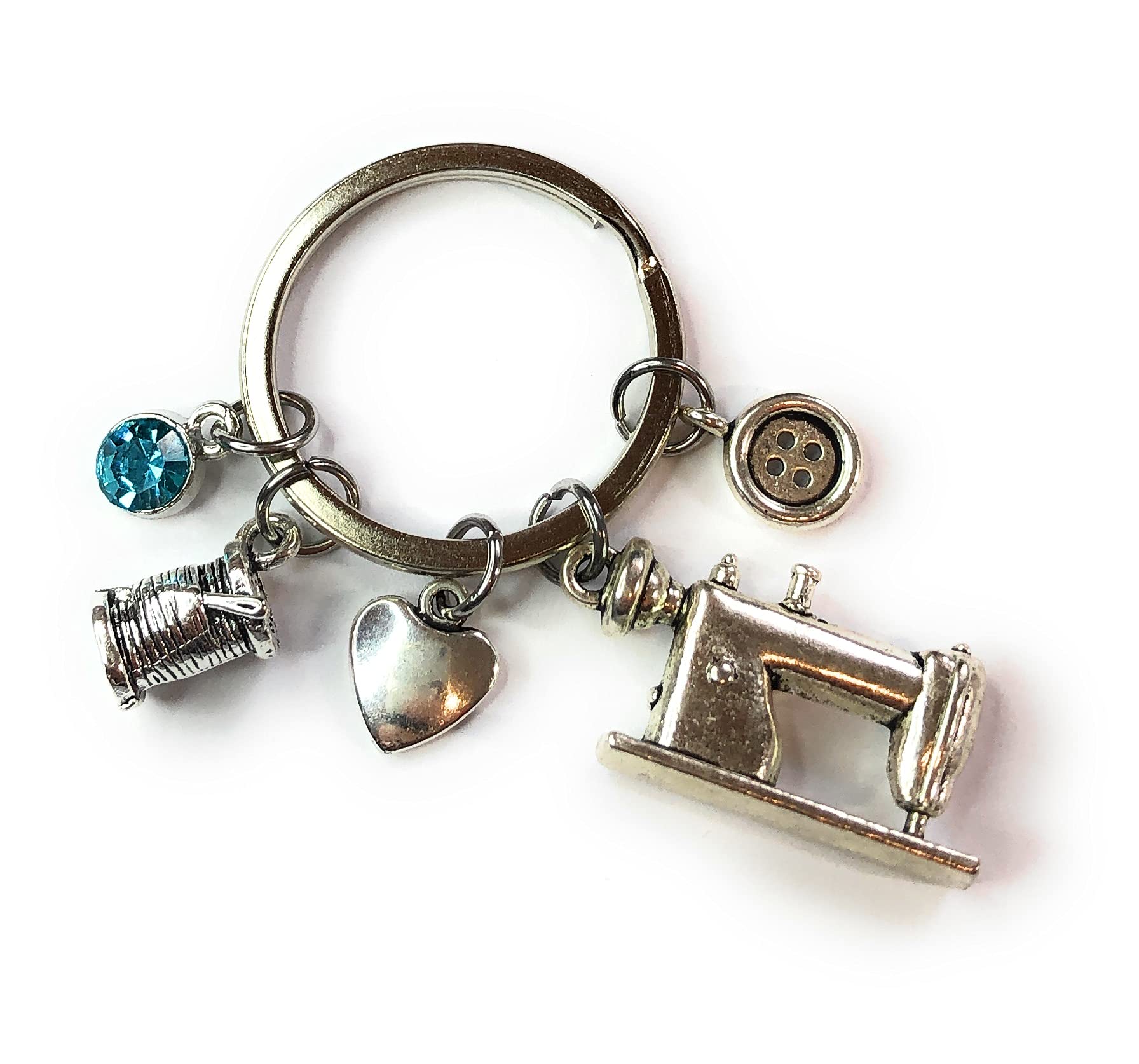 FizzyButton Gifts Sewing Dressmaker Keyring Key Ring with Turquoise Rhinestone, Sewing Machine, Button, Thread and Heart Charms