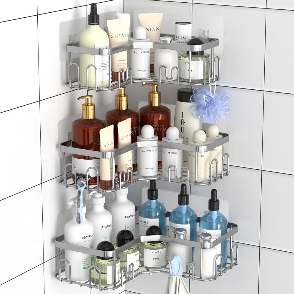 Menbyci 3 Pack Corner Shower Caddy with Adhesive Hooks, Rustproof 304 Stainless
