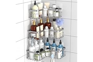 Menbyci 3 Pack Corner Shower Caddy, Adhesive Bathroom Shelves with 18 Hooks, Drill-Free & Quick-Dry Shower Organizer with Lar