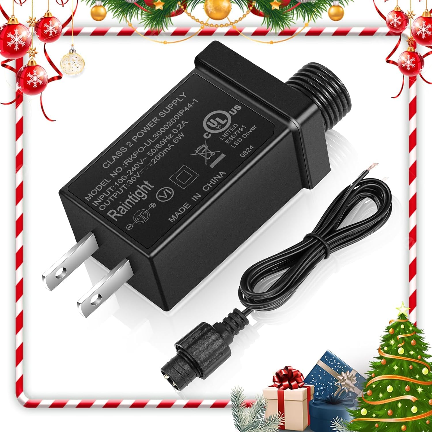 Photo 1 of 30V 0.2A Class 2 Power Supply, Waterproof UL Certified IP44 Low Voltage Transformer with 1.2 Meters Extension Cable for 6W Christmas Lights, LED String Lights, Inflatable Holiday Decorations Outdoor