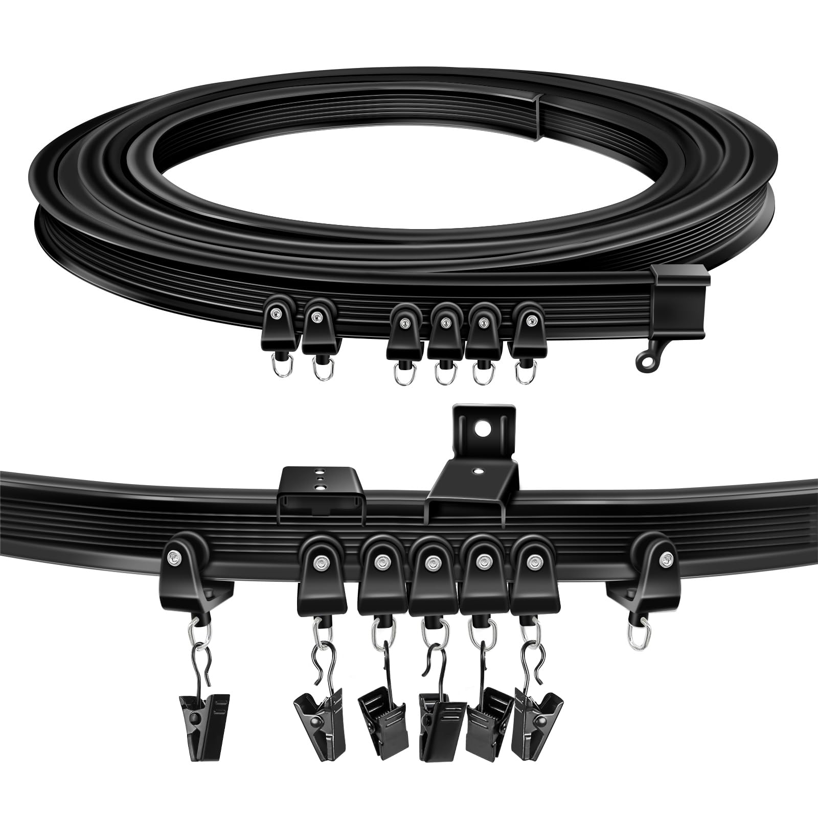 TOKPLNU Curtain Track, Flexible Bendable Curtain Rail 2.5m Black Curved Curtain Track Ceiling Wall Mounted Curtain Rails and Fittings for Bay Window Shower Room Divider