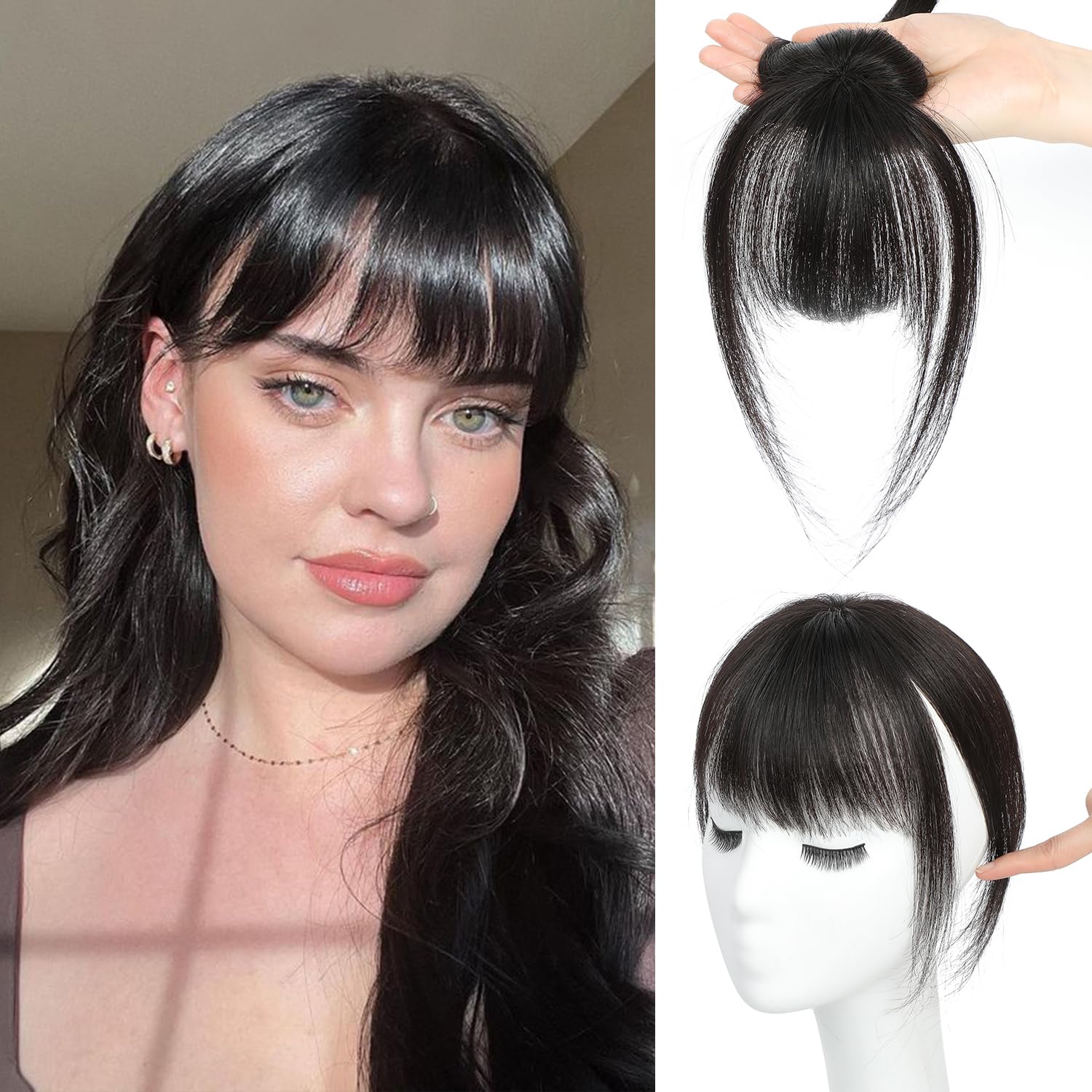 Flyroseing 360° Cover Clip in Fringe Human Hair, Natural Black 100% Human Hair Hairpiece for Women Clip in Bangs for Daily Wear