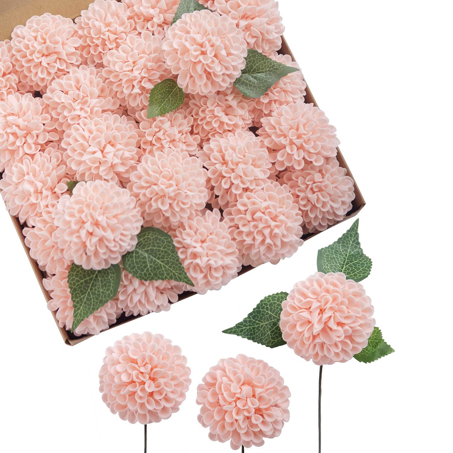 FLCSIed Artificial Dahlia Flowers 25pcs Real Looking Foam Fake Roses with Stems for DIY Wedding Bouquets White Bridal Shower Centerpieces Floral Arrangements Party Tables Home Decoration … (Pink)