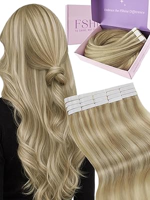 Fshine Tape Extension Echthaar 45 cm 50 g 20 Stücke Hair Extensions Tape in Echthaar Goldblond mit Mittelblond Skin Weft Haarschonend Klebeband Haarverlängerungen Farbe 16P22