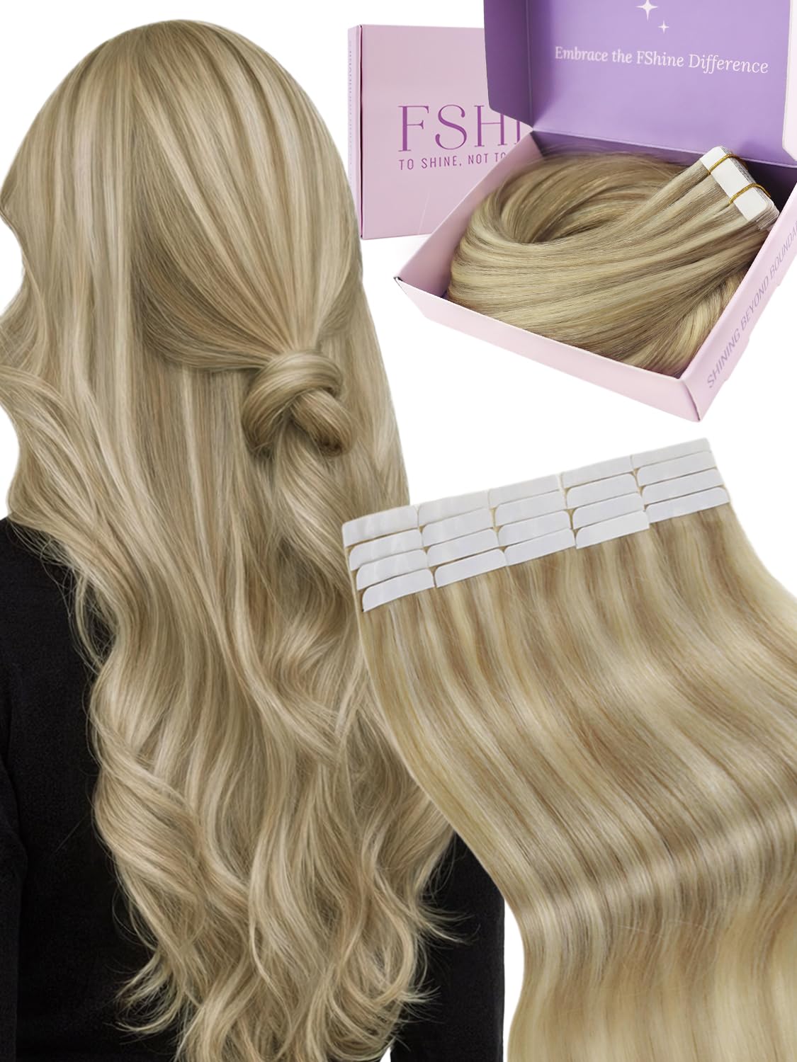 Fshine Real Human Hair Extensions Tapes 16 Inch Tape in Hair Extensions Dark Blonde Highlighted Bleach Blonde 50 g 20 Pieces, Seamless, Silky and Soft for Women Ladies and Girls, Color 16P22 — image 1