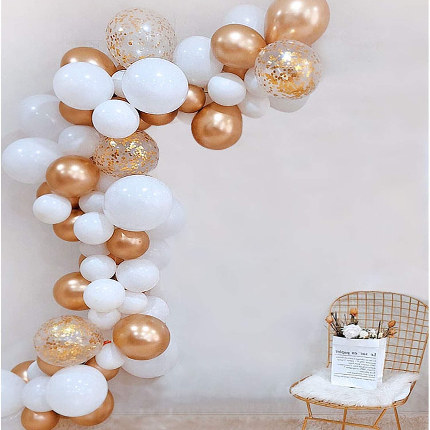 Kwayi Balloon Garland Kit 16ft Balloon Arch Kit With 85pcs Gold White Balloon Decoration Strip Glue Dots Tying Tool Ribbon For Birthday Baby