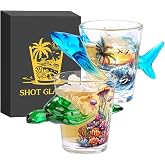 Turtle &amp; Shark Glass Shot Glasses, Unique Ocean Series Shot Glass, 50ml Shot Cups Set of 2 with Gift Box for Alcohol Shots, Vodka, Expresso, Tequila &amp; Dessertsor, Party Christmas Gift, Grreen &amp; Blue