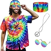 XonyiCos Hippie Costume for Men Women 60s and 70s Colorful Tie-Dyed Shirt Sunglasses Headband Peace Necklace 4-Piece