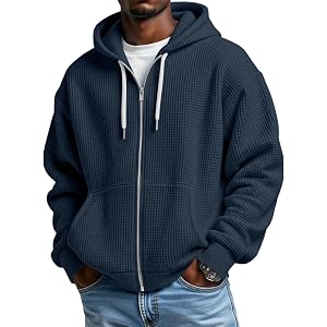 Vividcrate Waffle Knit Hoodies for Men Full Zip Hooded Cardigan with Pocket Lightweight Loose Fit Athletic Jackets