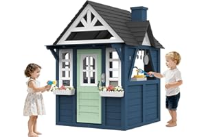 BTMWAY Kids Playhouse Outdoor,Cedar Gray Wooden Play House for Kids Ages 3-8,Interactive Doorbell, Kitchen Counter with Utensils, Sink, Window Boxes for Flowers (Blue)