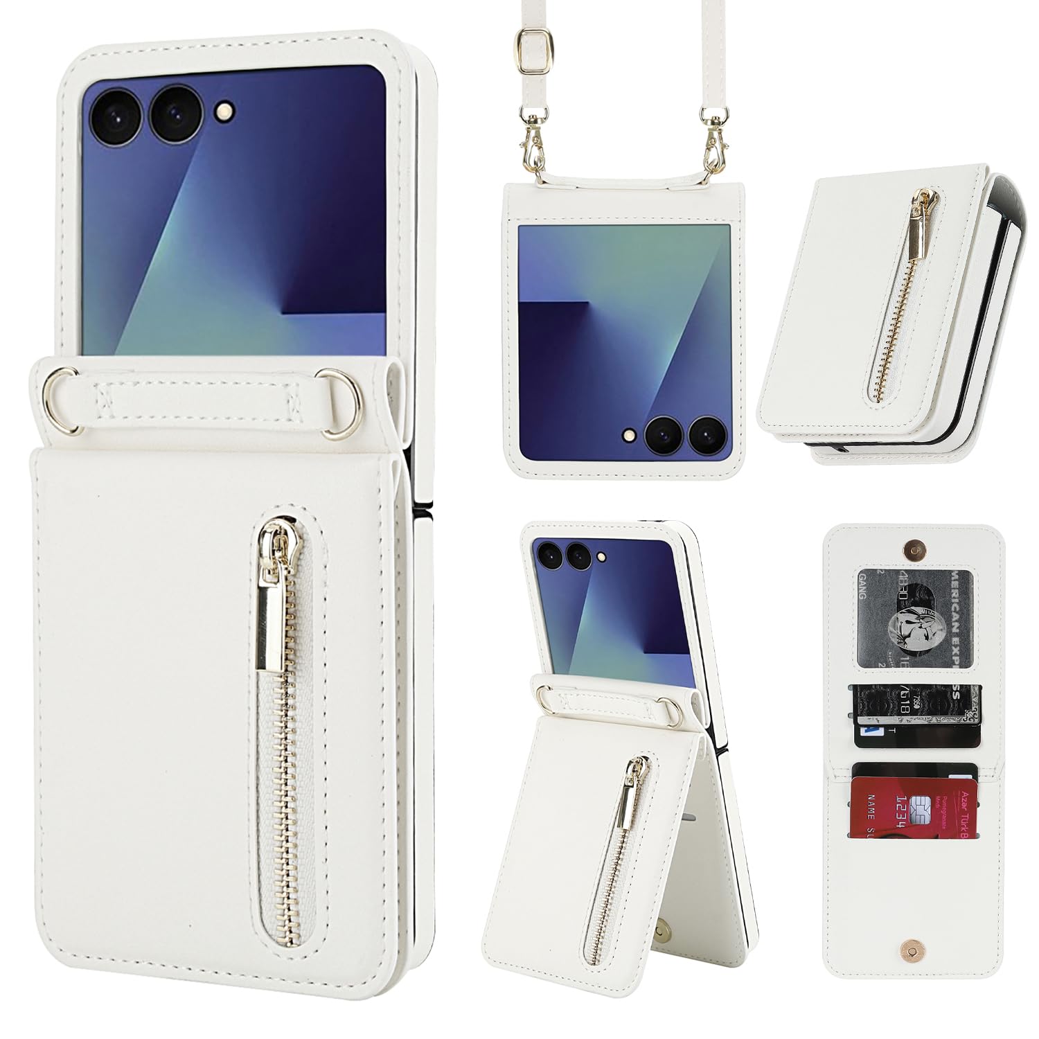 Photo 1 of XIMAND for Samsung Galaxy Z Flip 7 Luxury Zipper Wallet Phone Case, Multi-Function Kickstand Card Holder Adjustable Crossbody Strap, Fashion Flip Case.(White)