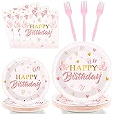Tevxj 96 Pieces Pink Happy Birthday Party Tableware Set Pink Rose Gold Table Decorations Multi-Color Dessert Plates Napkins Forks for Girl Women Birthdays Weddings Disposable Party Favors 24 Guests