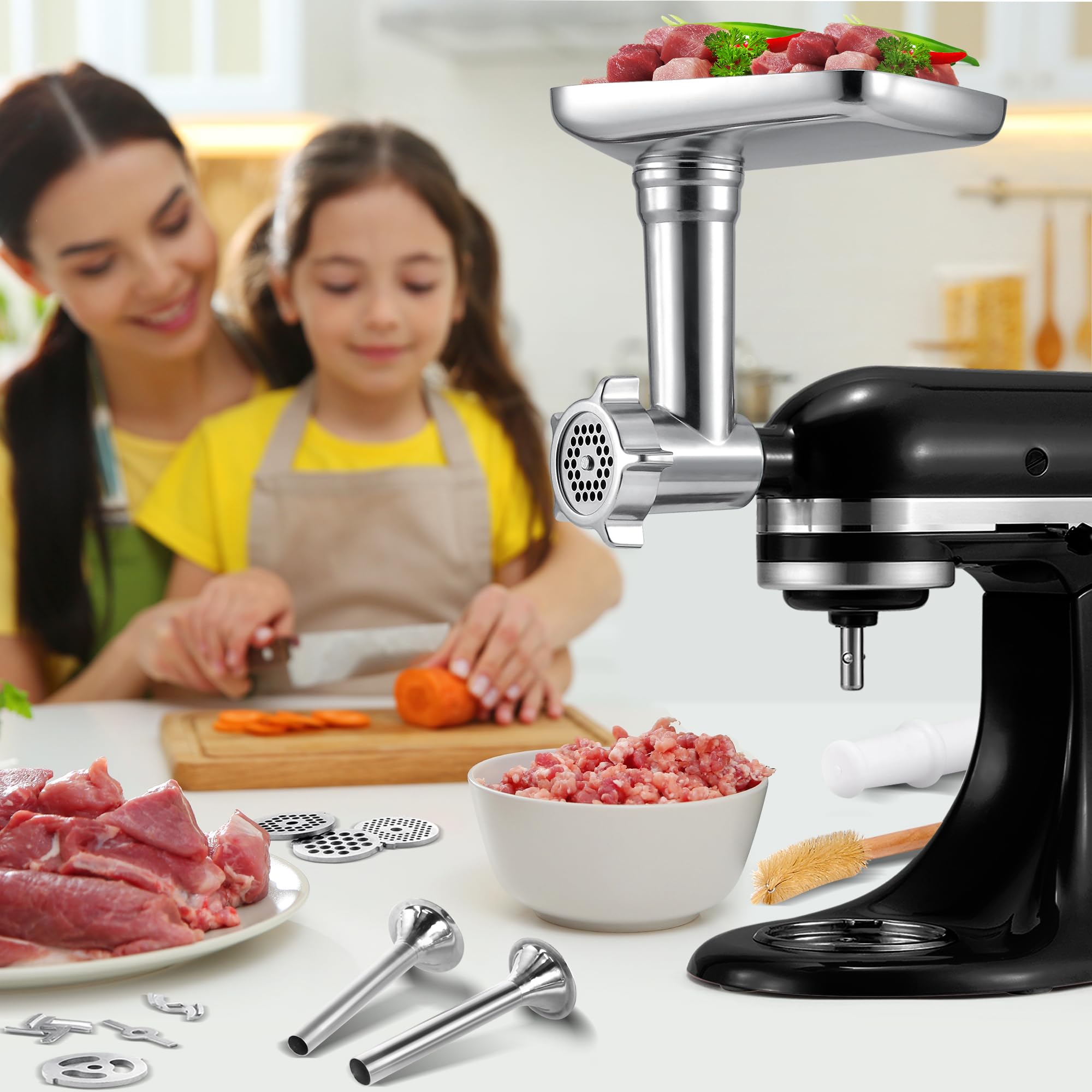 Metal Grinder Attachment for KitchenAid Stand Mixers, Meat Grinder Attachment, Sausage Stuffer, Food Grinder Attachment, Mixer Attachments for KitchenAid, Silver(Mixer Not Included)