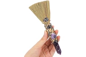RENEMEGO Crystal Witch Altar Broom - Handmade Magic Witch Broomstick with Amethyst Natural Healing Crystals Stones Hexagonal Points Reiki Energy Balancing Chakra Meditation Therapy Gift 8 Inches