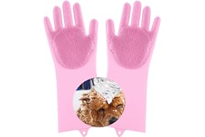 PEOKPIPLE 1 pairs Silicone Dishwashing & Pet Grooming Gloves - 2-in-1 Heat Resistant Gloves with High-Density Teeth, Enhanced Five Finger Design for Bathing, Cleaning Dishes, Cars, Dogs & Cats (Pink)