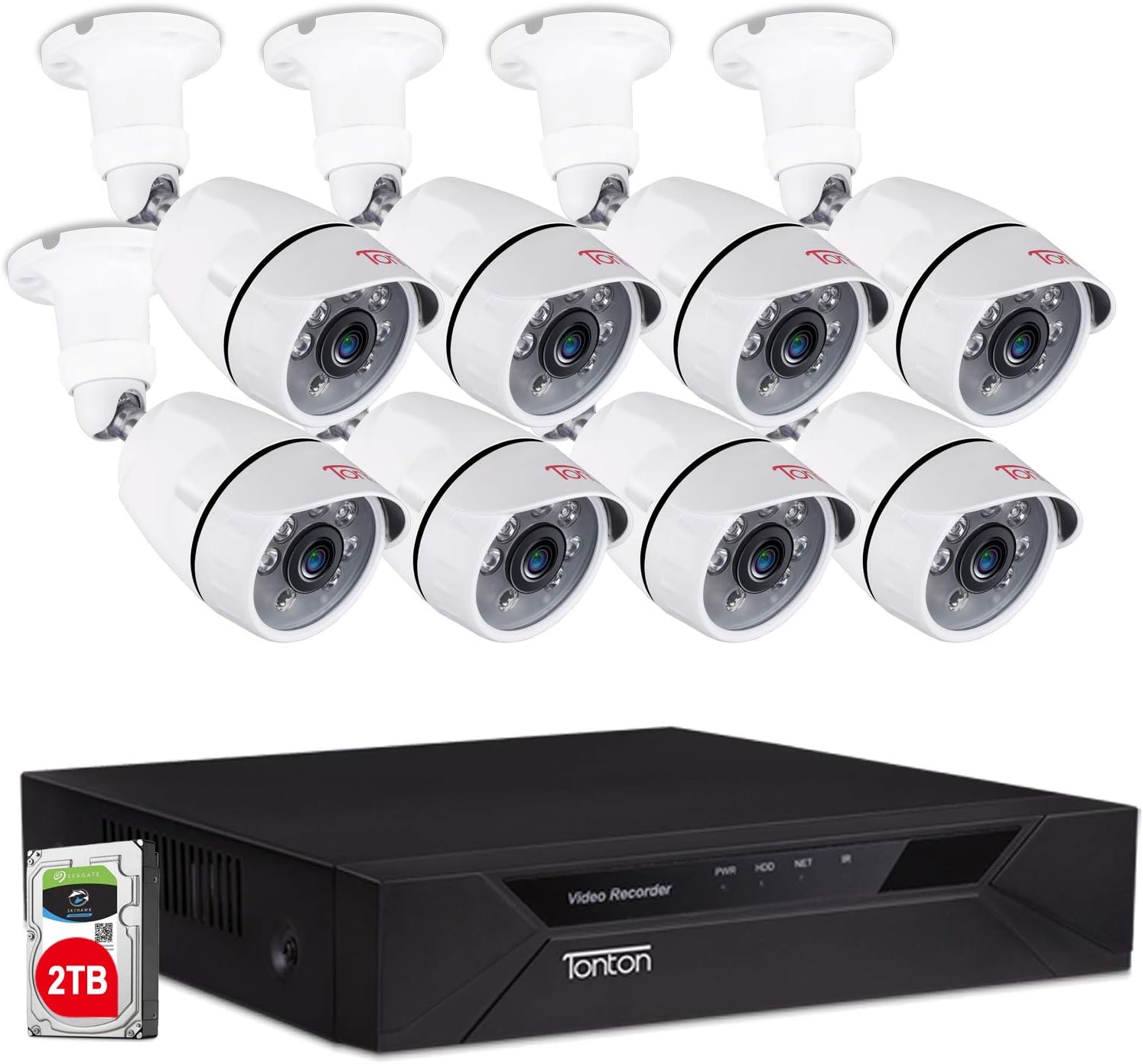 Tonton 8CH Full HD 1080P CCTV Security Surveillance System, 5-in-1 DVR with 2TB HDD, 8× 2.0MP Waterproof Outdoor Indoor Bullet Camera with Face Detection and Perimeter Protection,Motion Detection