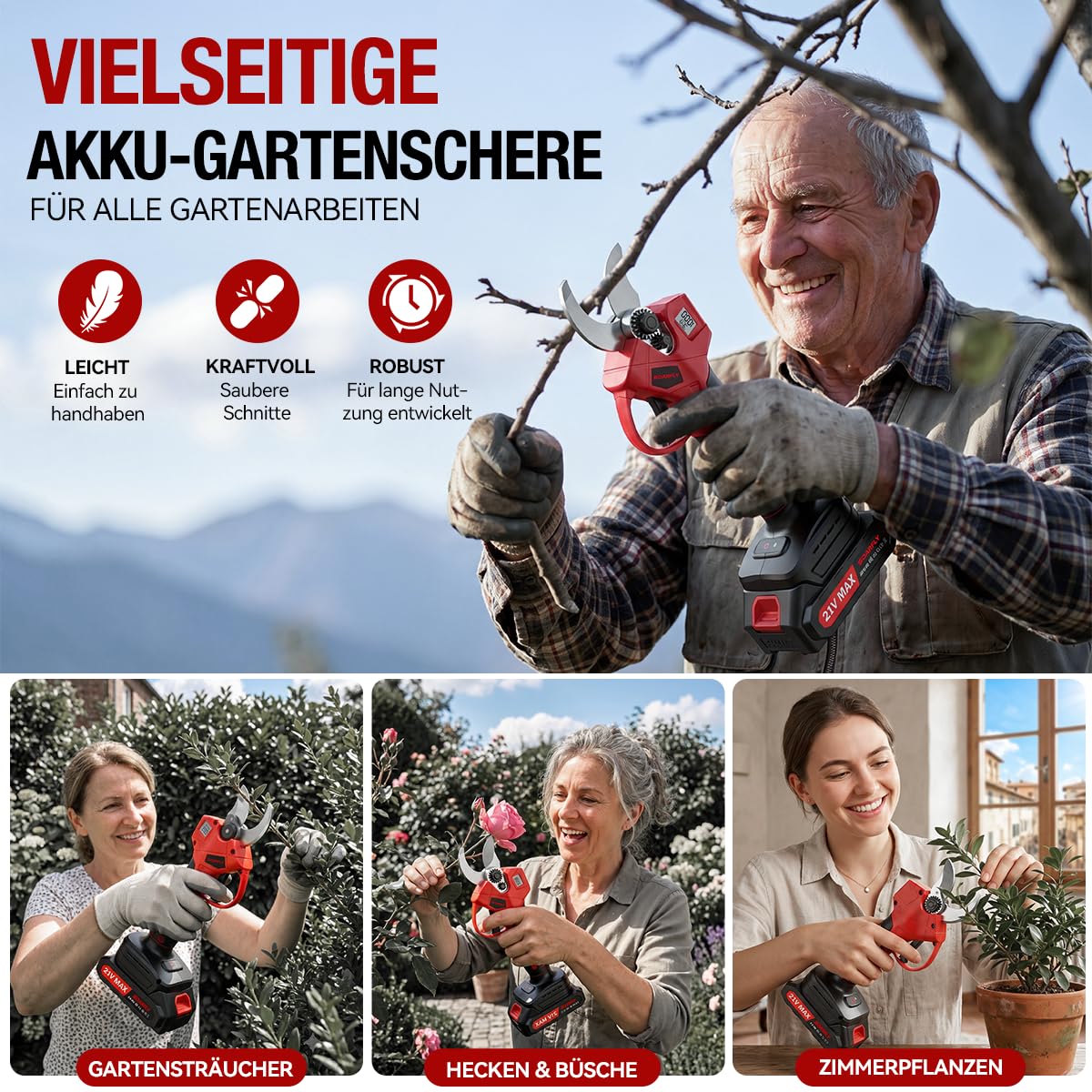 SOARFLY Akku Astschere, Akku Gartenschere mit 2x2000mAh Batterien, 35mm Maximaler Schnittdurchmesser, Brushless Motor mit LCD Display und Energiesparfunktion für Garten und Obstbäume (Rot) 6