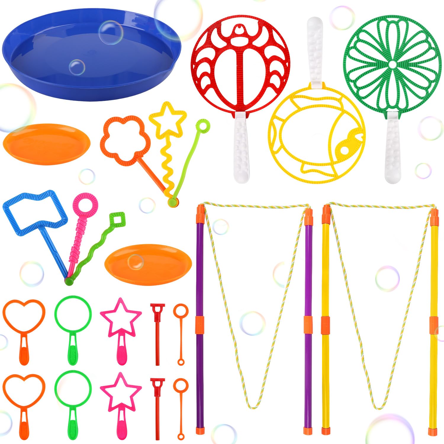 Dncvb 24 Pcs Big Bubble Wands Set with Tray, Giant Bubble Wands for Kids, Multiple Sizes Large Bubble Making Wands Kit for Summer Garden Games Outdoor Activity Toys