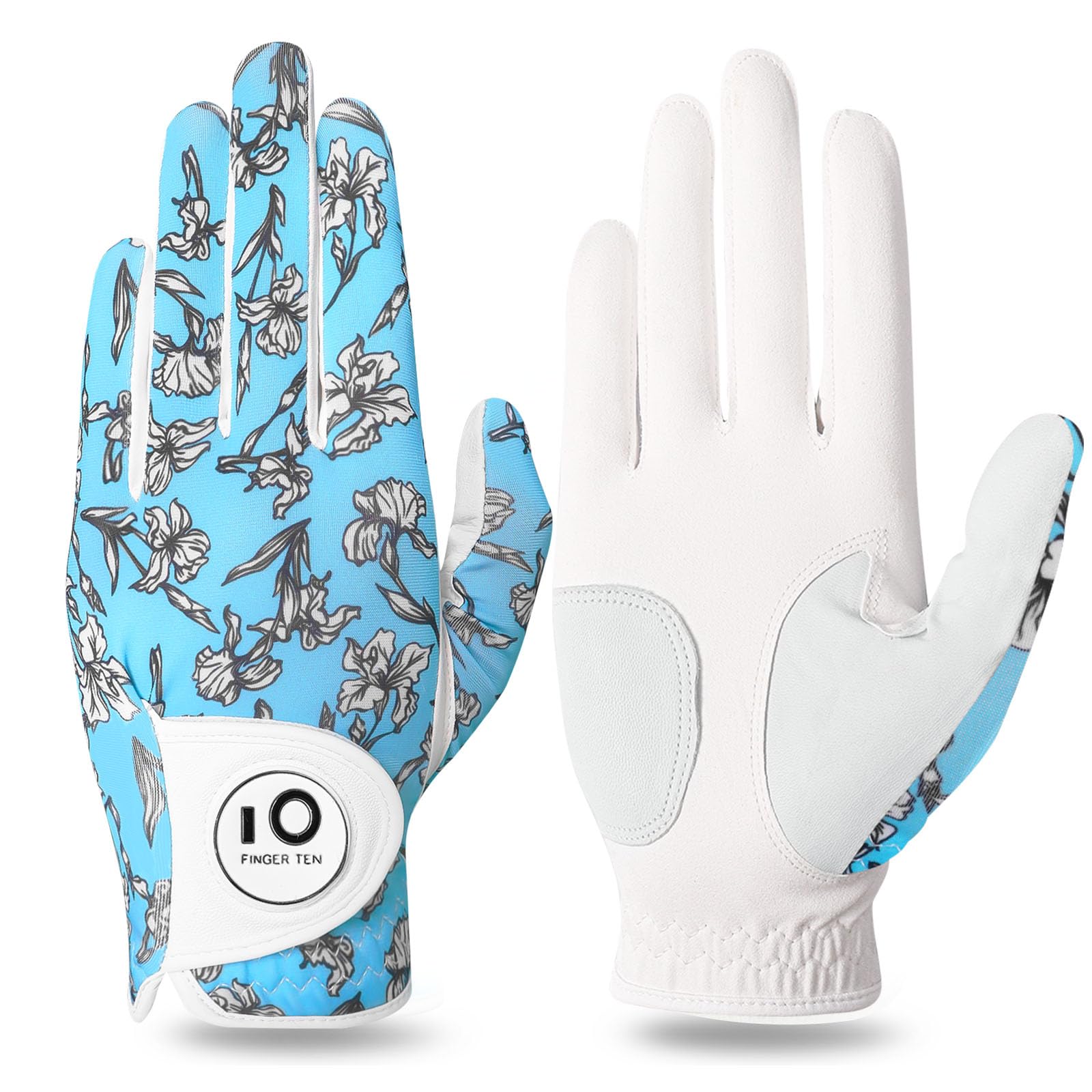 FINGER TEN Women's Golf Gloves - Left & Right Handed, Breathable, All Weather Soft Grip, Anti Slip, Green, Large, with Ball Marker — image 1