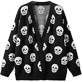 WDIRARA Women's Plus Size Halloween Skeleton Skull Cardigans Drop Shoulder Open Front Cardigan Sweater