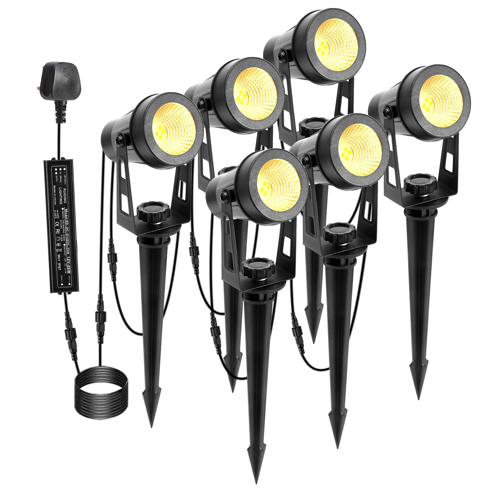 ECOWHO Garden Spotlights Mains, 21m Extendable Outdoor Spike Lights 12V LED Pathway Lighting IP65 Waterproof Electric Garden Uplighter for Path Yard Patio (18W 6-Packs Warm White), Wall/Spike Mounted