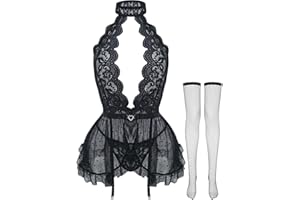 Aranmei Mesh Deep V Lace Halter Babydoll Lingerie Garter with Stockings Nightgown