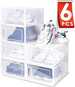 Amzdeal Cajas de Zapatos Plásticas 6 Pcs - Organizador de Zapatos Transparente, Apilable y Impermeable, Caja de Almacenamiento Plegable, Ahorra Espacio, Zapateros para Hombres y Mujeres 33×23×14cm 