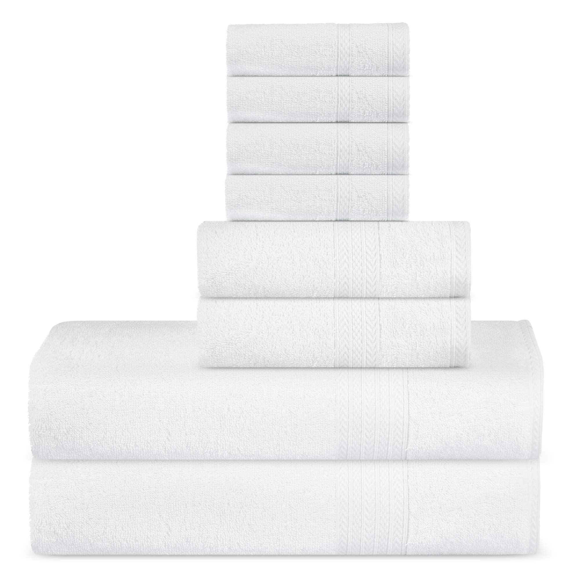 Supreme Premium Cotton Luxury Towels Set by Sweet Needle, White - 2 Bath Towel, 2 Hand and 4 Wash/Face - 500 GSM, Double Stitched, Strong Hem, Highly Absorbent for Bathroom & Hotel Use (8 Piece)