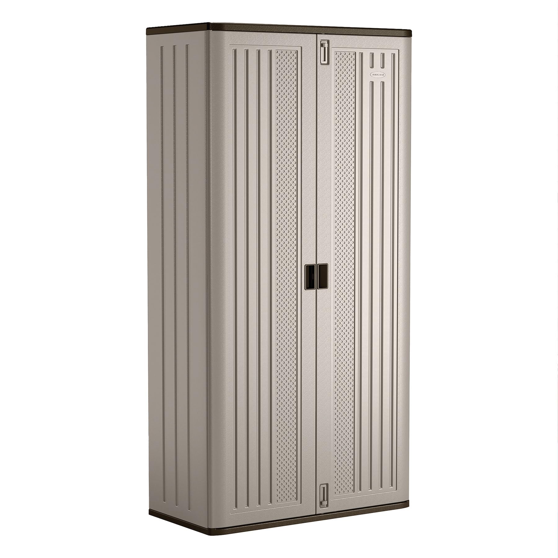 Photo 1 of Suncast 31 Cubic Feet Mega Tall Storage Cabinet with 3 Adjustable Shelves, Platinum Metallic & Slate – Garage or Basement Utility Resin Organizer with 75 Pound Capacity Per Shelf and Lockable Doors