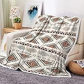 Southwest Aztec Throw Blanket, Beige Southwestern Native Tribal American Blanket, Geometric Vintage Flannel Soft Blanket Cover for Couch Chair Bed Outdoor Travel 50×60 inch
