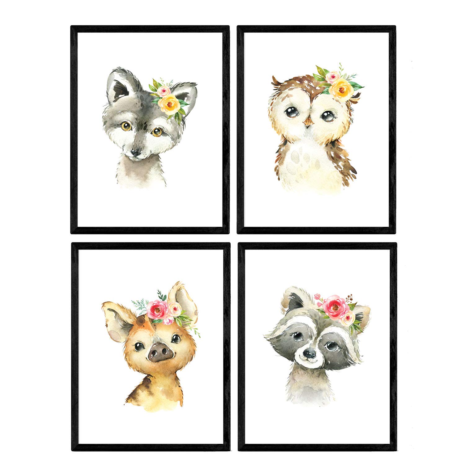 Nacnic Pack of four sheets with illustrations of animals. Posters with children's animal pictures. Hyena skunk owl fox. A4 unframed