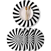 Round Leather Placemats Set of 4 PU Waterproof Non-Slip Washable Heat Resistant Place Mat for Kitchen Dining Table - Black and White Stripes