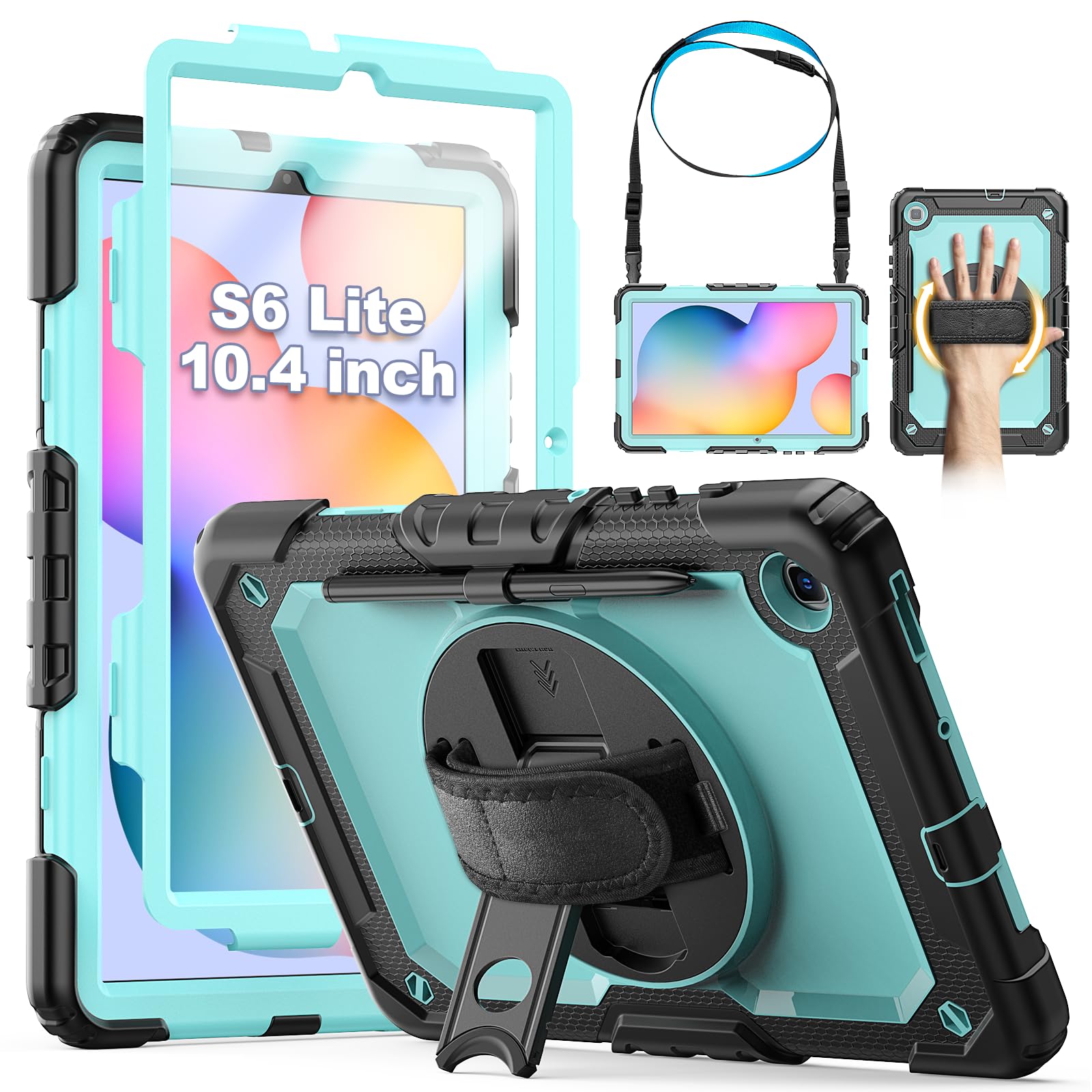 SEYMCY Case for Samsung Galaxy Tab S6 lite 10.4 Inch 2024/2022/2020, Full-body Shockproof with Screen Protector, 360° Rotating Hand Strap & Stand, Shoulder Strap for Samsung S6 Lite Tablet, Sky Blue