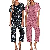 Ekouaer 2 Pack Womens Pajamas Sets Short Sleeve Tops and Capri Pants Pjs Colorful Printed Sleepwear Sets