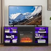 QSOSTNS Fireplace TV Stand with 18" Fireplace, Electric Fireplace 3D Fireplace TV Console for TVs up to 65", LED Lights Wood and Glass Entertainment Center & USB Charging Outlet (Black)