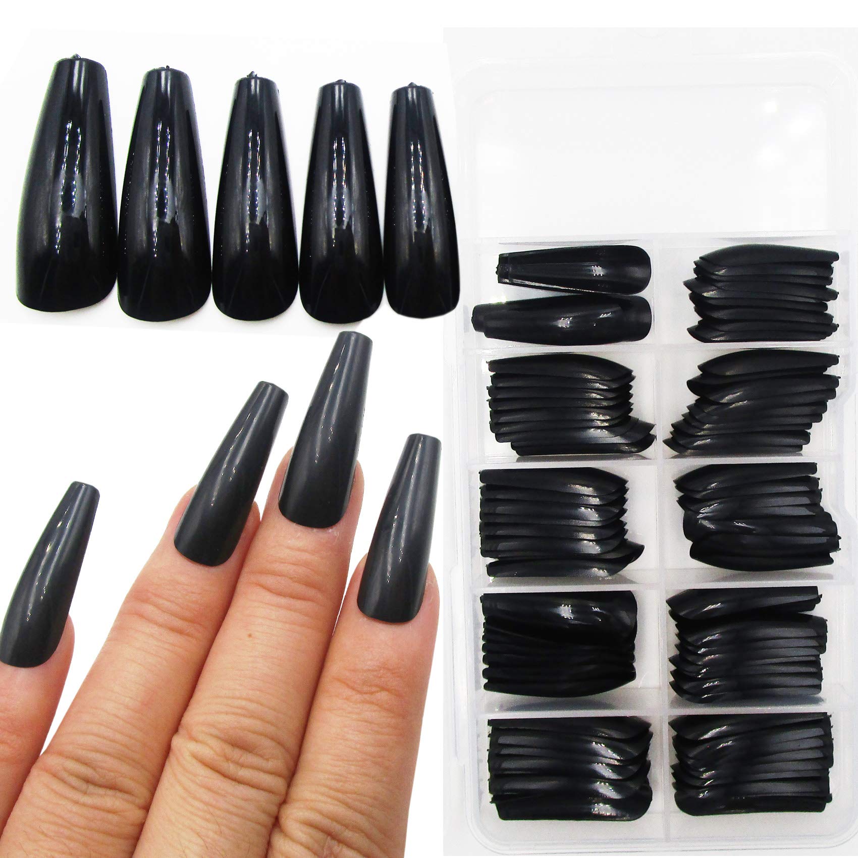 Photo 1 of 100pc Colored Coffin Press on Nails Long Ballerina False Fake Nail Tips Full Cover Manicure Design Acrylic Nails for Women Teen Girls (Black)