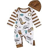 BOUTIKOME Infant Baby Boy Outfit Retro Cowboy Partner Howdy Graphic Rompers Newborn Onesie Jumpsuit Hat 2Pcs Set